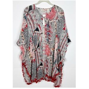 Soft Surroundings Artist Topper Heavenly Soft Red Multi One Size Pom Pom Detail